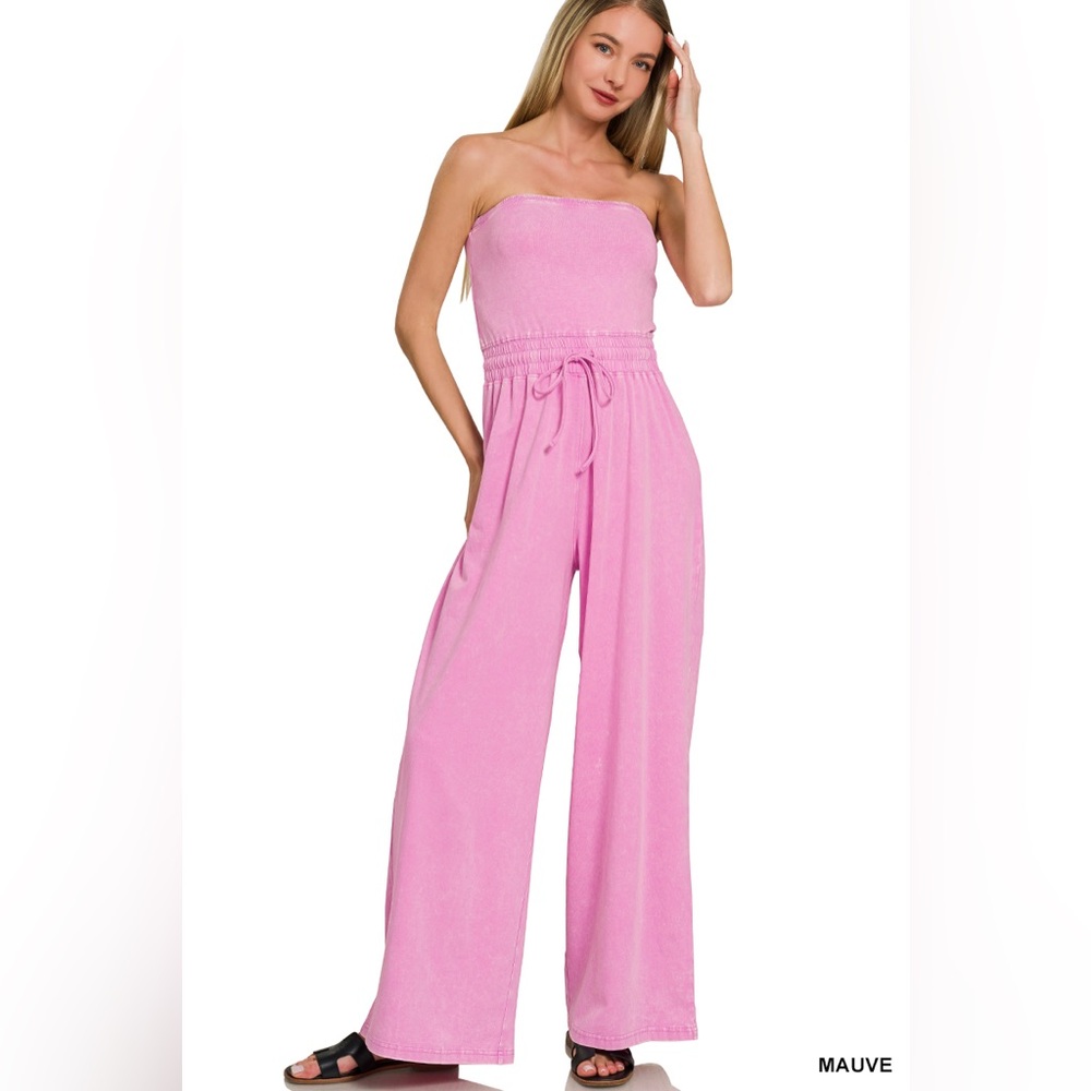 Zenana Outfitters Mauve Strapless Wide-Leg Jumpsuit - Picture 2 of 3